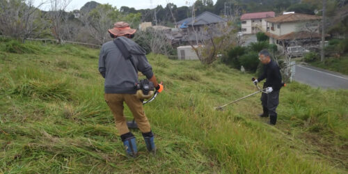 2025.11.01江見小大土手と校舎裏側の草刈りを行いました。